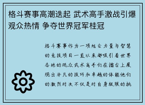 格斗赛事高潮迭起 武术高手激战引爆观众热情 争夺世界冠军桂冠